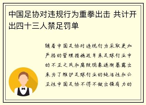 中国足协对违规行为重拳出击 共计开出四十三人禁足罚单